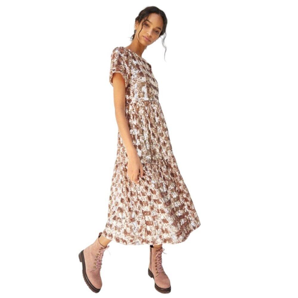 Maeve Anthropologie Bernadette Sequined Short Sleeve Tiered Midi Dress Size XS